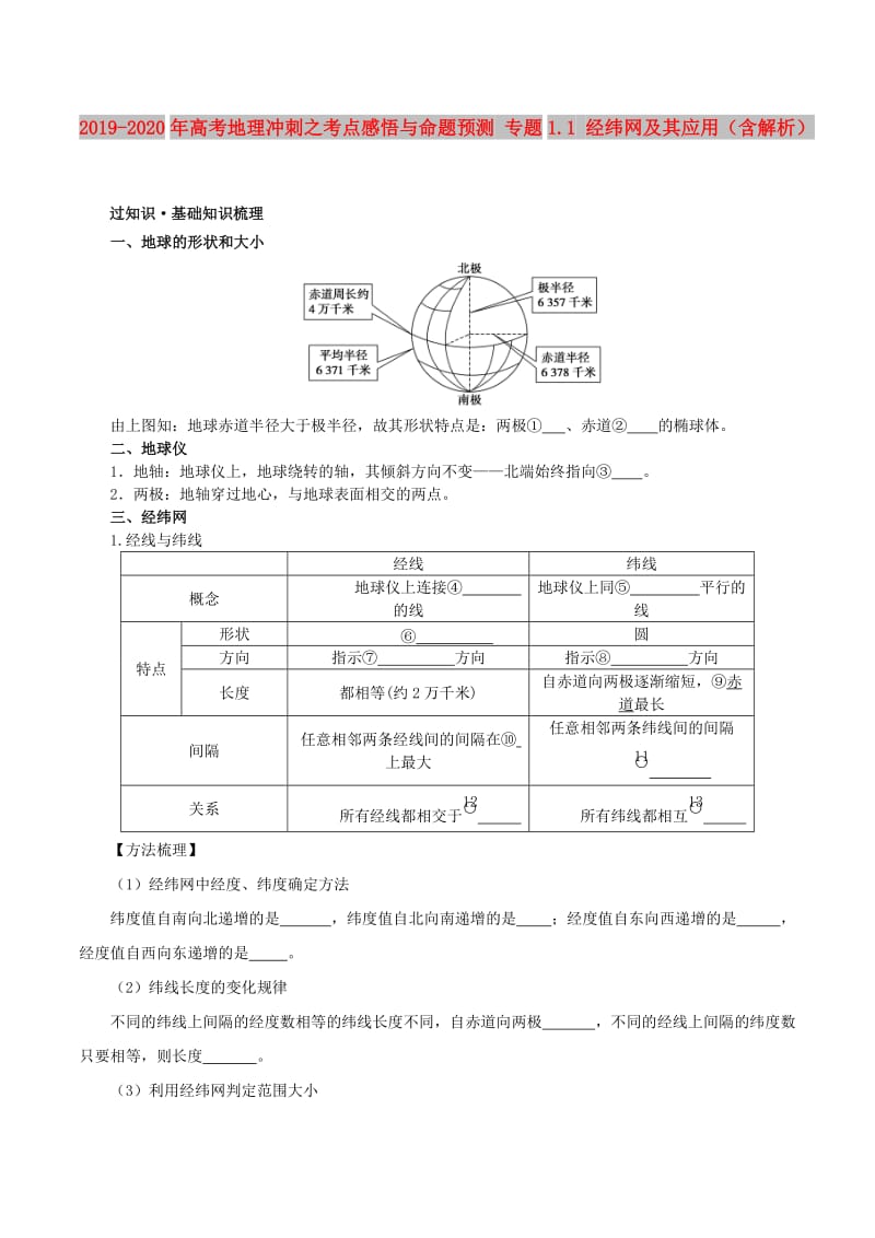 2019-2020年高考地理冲刺之考点感悟与命题预测 专题1.1 经纬网及其应用（含解析）.doc_第1页