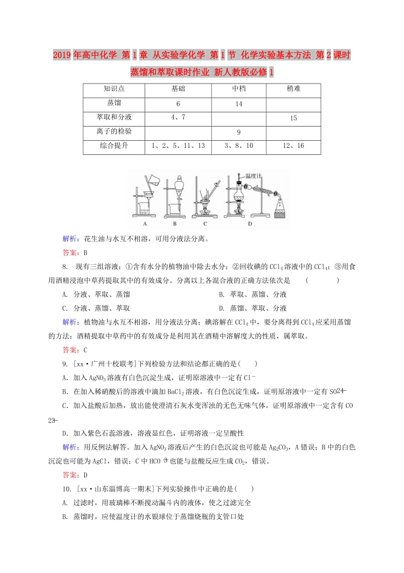 2019年高中化学 第1章 从实验学化学 第1节 化学实验基本方法 第2课时 蒸馏和萃取课时作业 新人教版必修1.doc_第1页