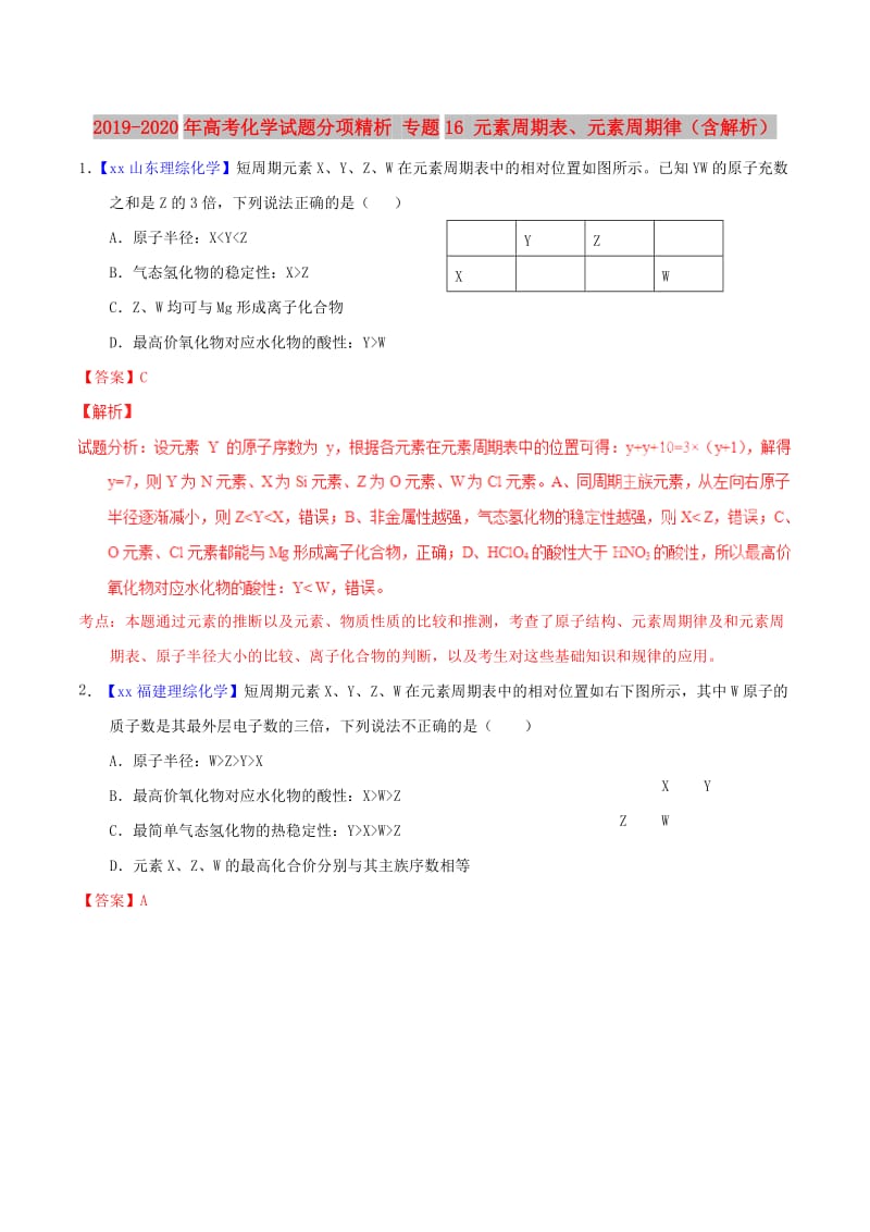 2019-2020年高考化学试题分项精析 专题16 元素周期表、元素周期律（含解析）.doc_第1页