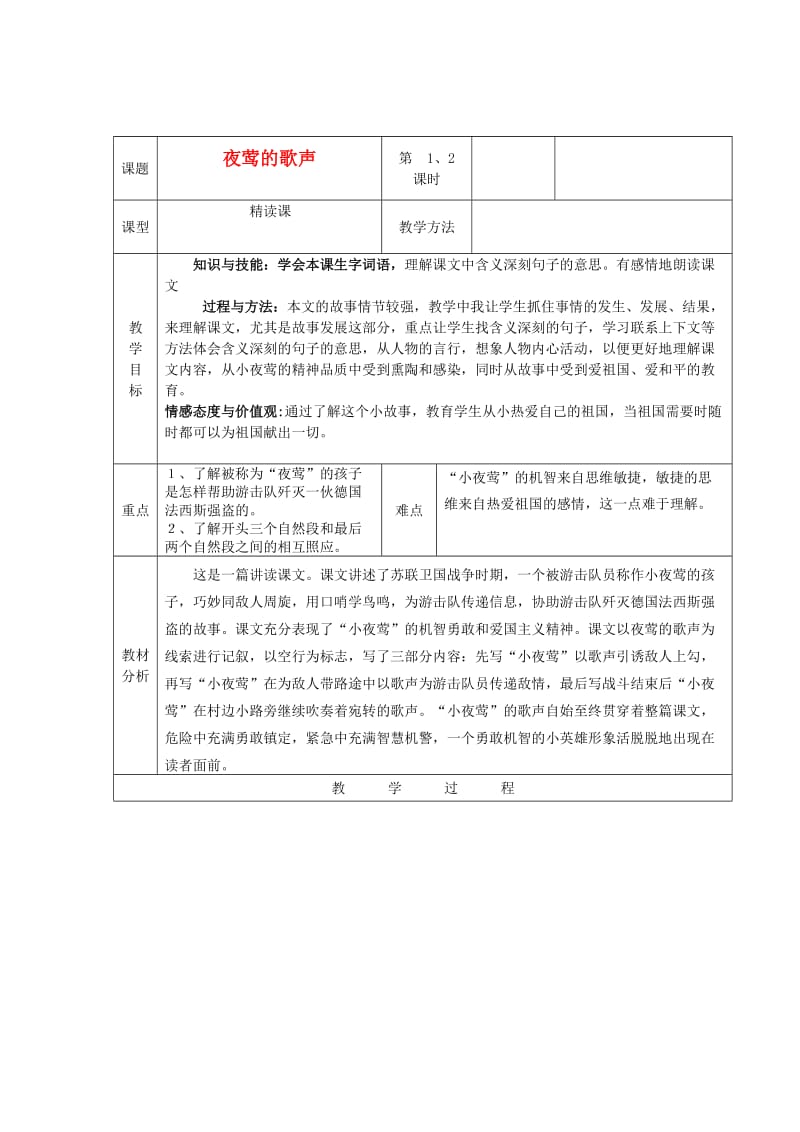 2019年秋四年级语文上册《夜莺的歌声》教案2 鲁教版.doc_第1页