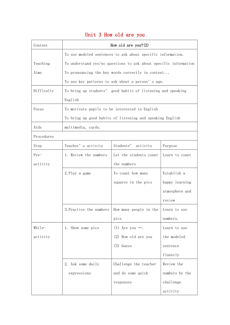 三年级英语上册 Unit 3 How old are you教案 沪教牛津版.doc_第1页