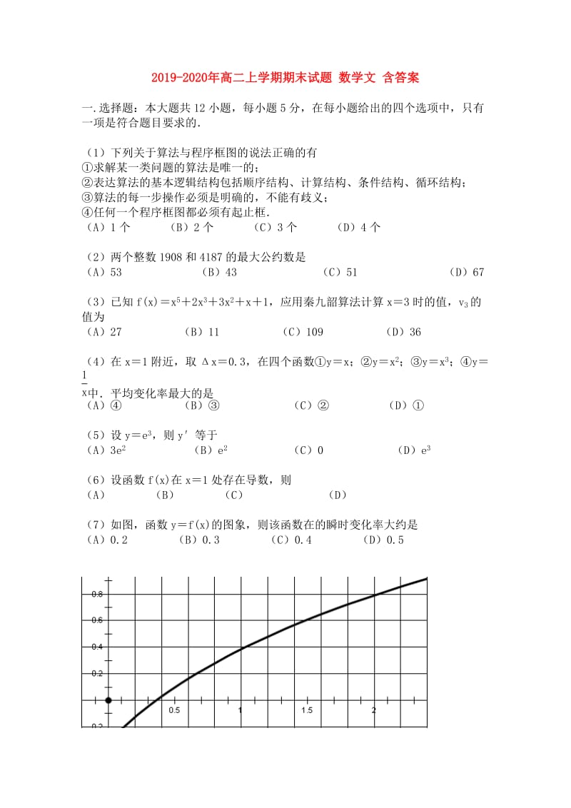 2019-2020年高二上学期期末试题 数学文 含答案.doc_第1页