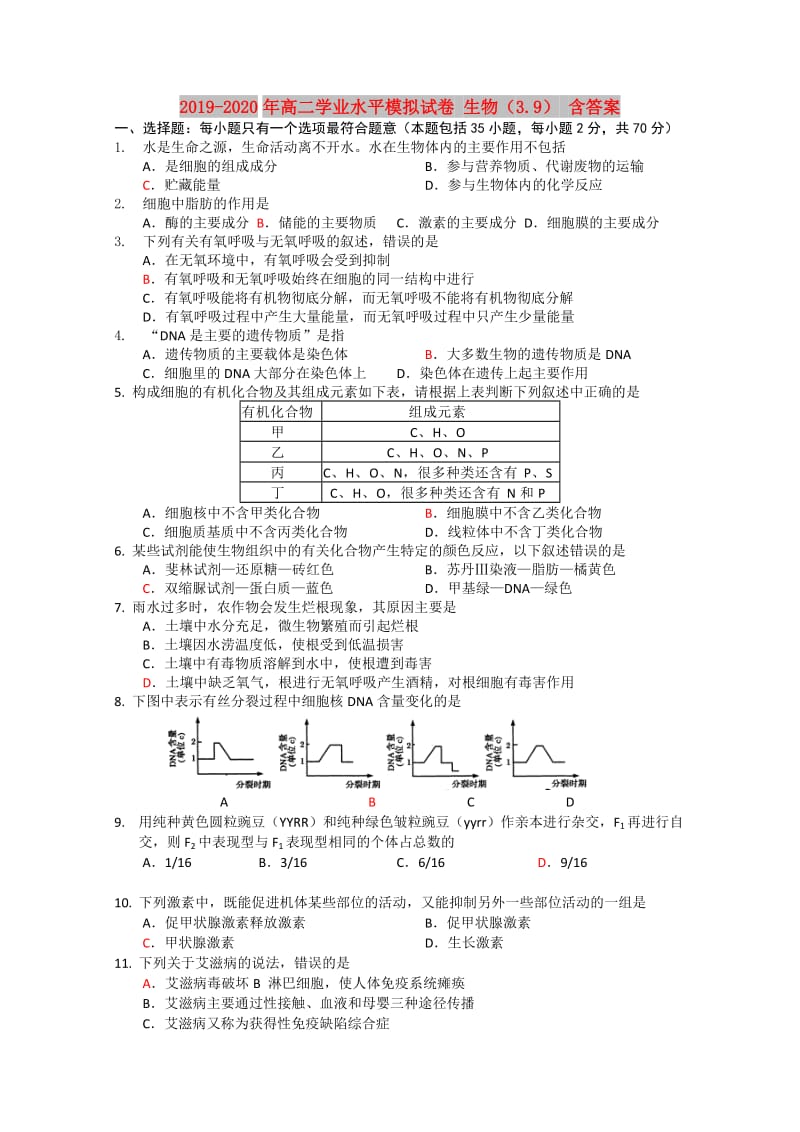 2019-2020年高二学业水平模拟试卷 生物（3.9） 含答案.doc_第1页