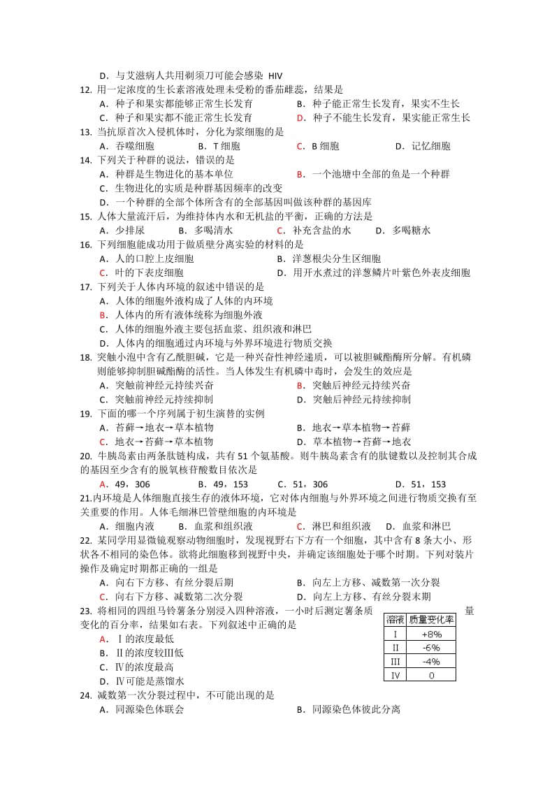 2019-2020年高二学业水平模拟试卷 生物（3.9） 含答案.doc_第2页