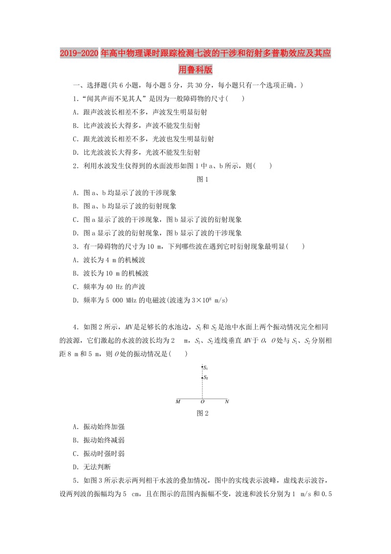 2019-2020年高中物理课时跟踪检测七波的干涉和衍射多普勒效应及其应用鲁科版.doc_第1页