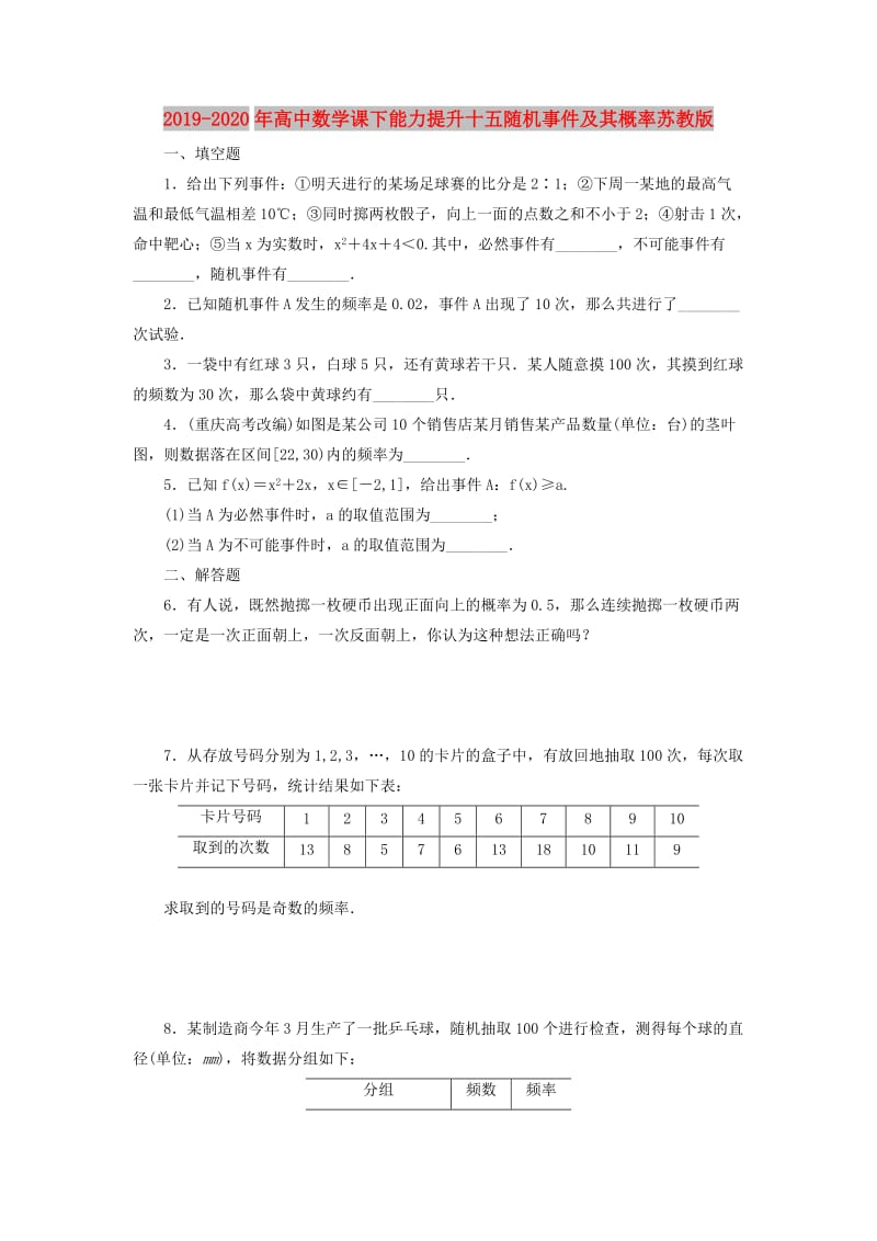 2019-2020年高中数学课下能力提升十五随机事件及其概率苏教版.doc_第1页