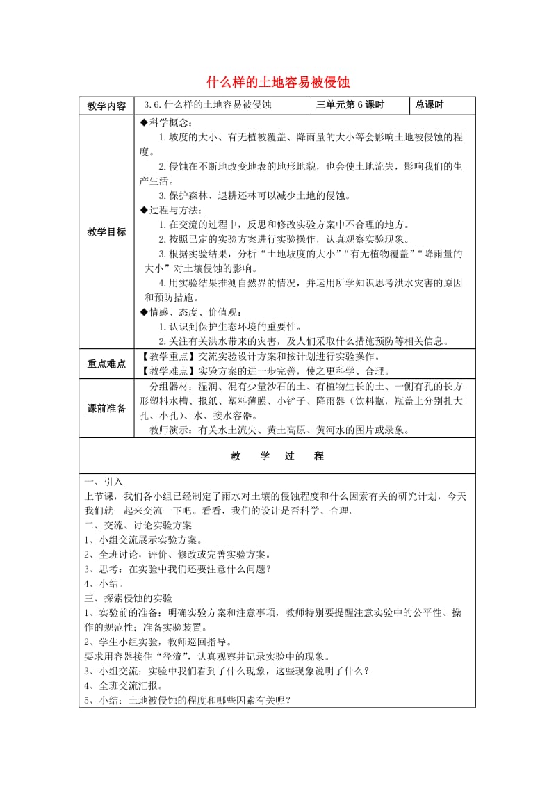 2019秋五年级科学上册 3.6《什么样的土地容易被侵蚀》教案 （新版）教科版.doc_第1页