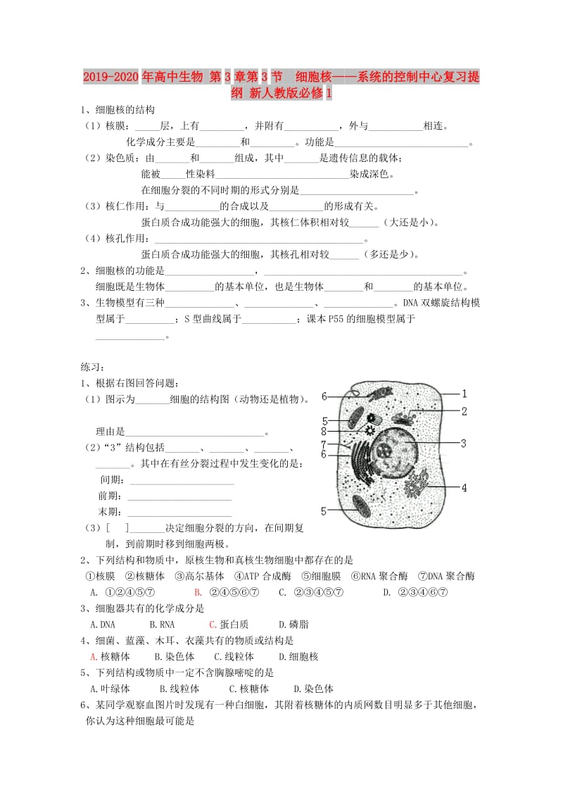 2019-2020年高中生物 第3章第3节 细胞核——系统的控制中心复习提纲 新人教版必修1.doc_第1页