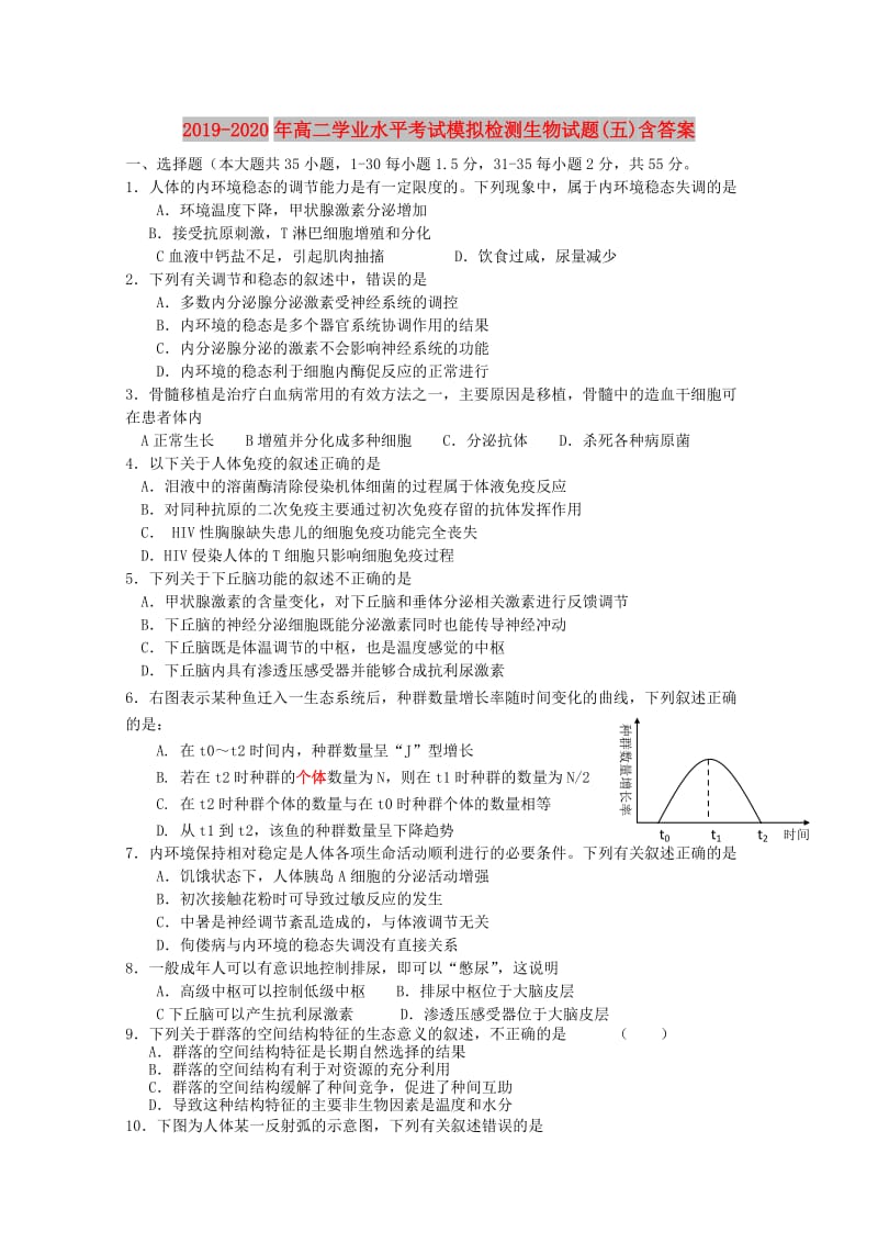 2019-2020年高二学业水平考试模拟检测生物试题(五)含答案.doc_第1页