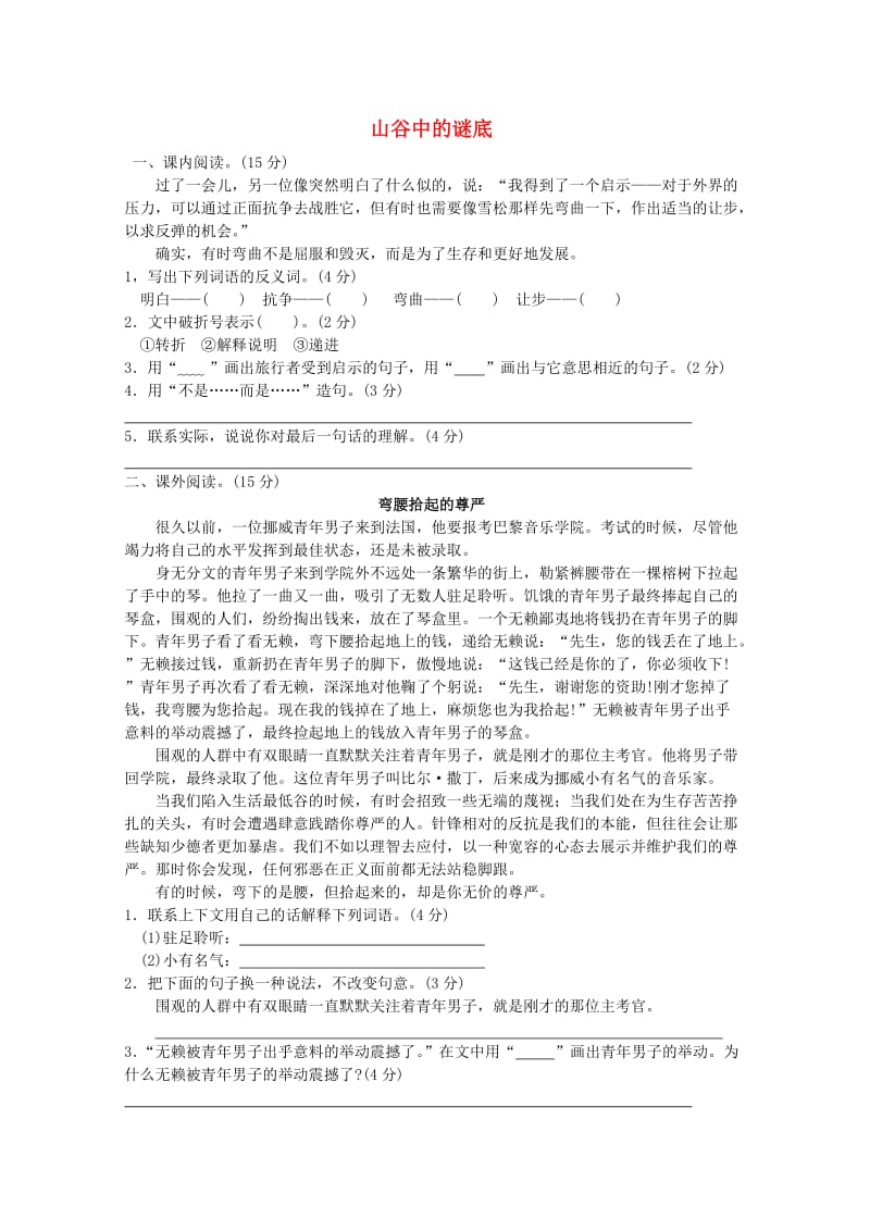 六年级语文下册 17《山谷中的谜底》提优班阅读特训 苏教版.doc_第1页