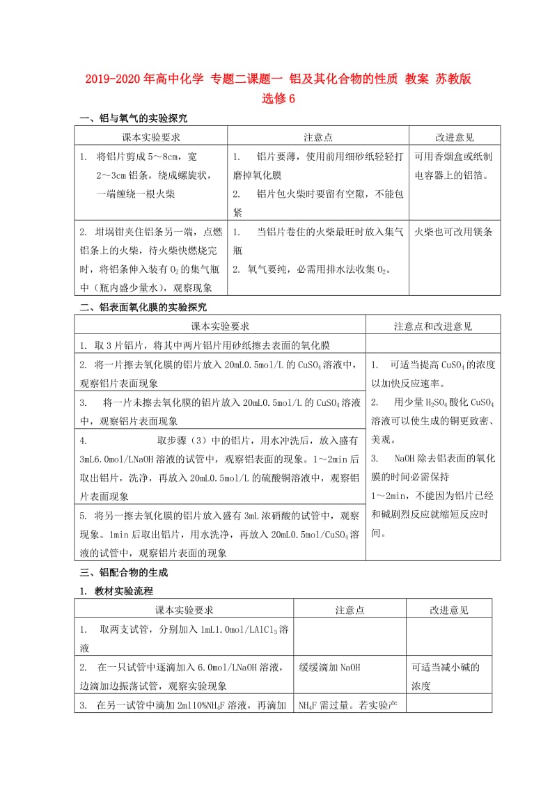 2019-2020年高中化学 专题二课题一 铝及其化合物的性质 教案 苏教版选修6.doc_第1页