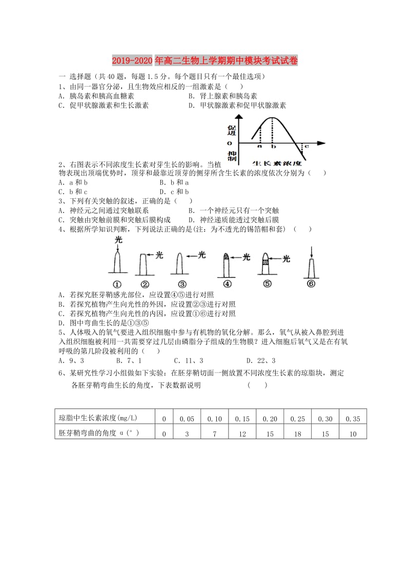 2019-2020年高二生物上学期期中模块考试试卷.doc_第1页