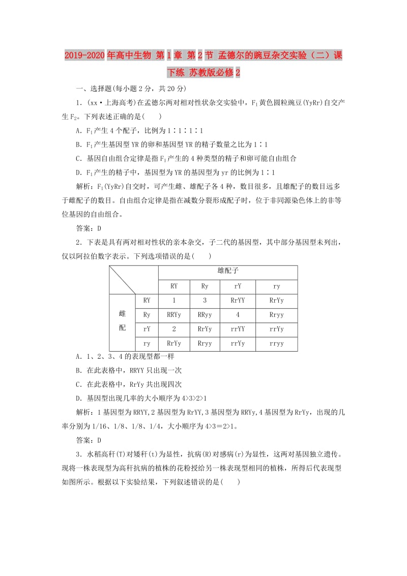 2019-2020年高中生物 第1章 第2节 孟德尔的豌豆杂交实验（二）课下练 苏教版必修2.doc_第1页