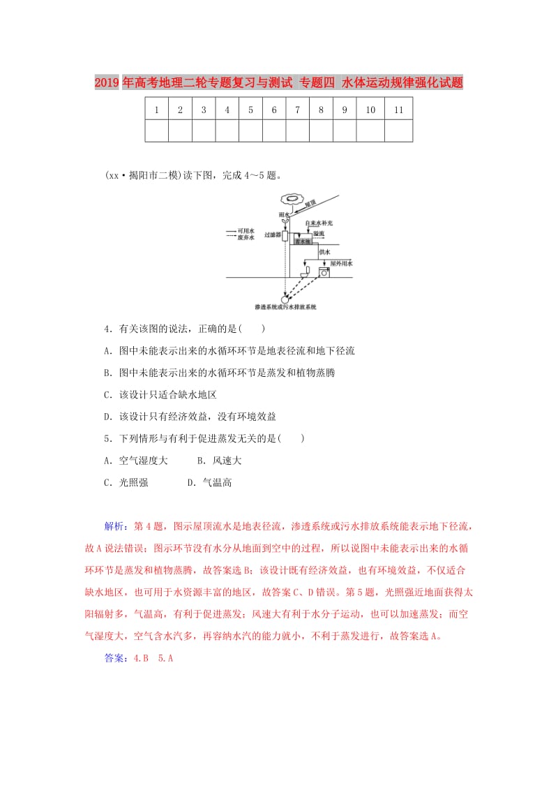 2019年高考地理二轮专题复习与测试 专题四 水体运动规律强化试题.doc_第1页