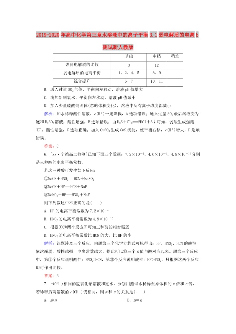 2019-2020年高中化学第三章水溶液中的离子平衡3.1弱电解质的电离b测试新人教版.doc_第1页