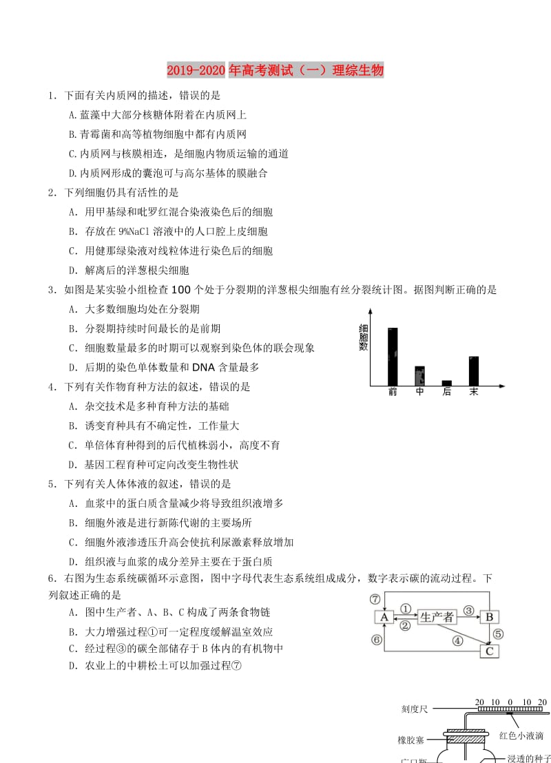 2019-2020年高考测试（一）理综生物.doc_第1页