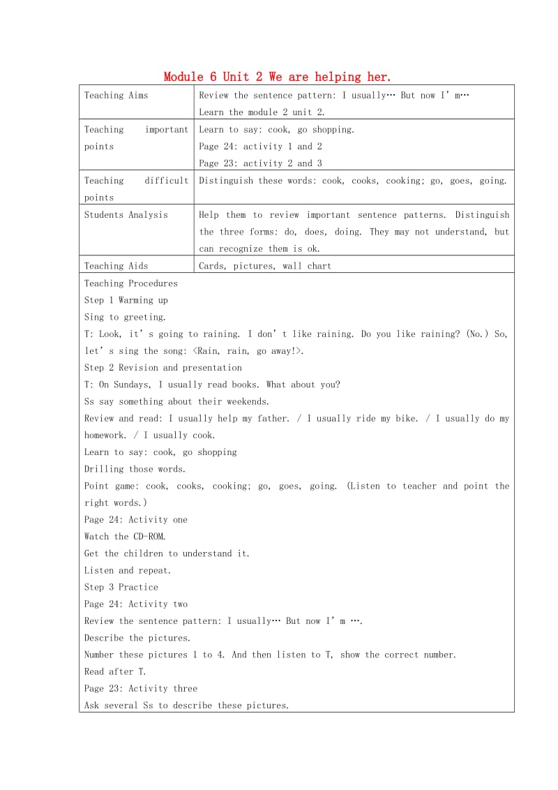 二年级英语下册 Module 6 Unit 2 My grandma usually cooks教案设计 外研版.doc_第1页