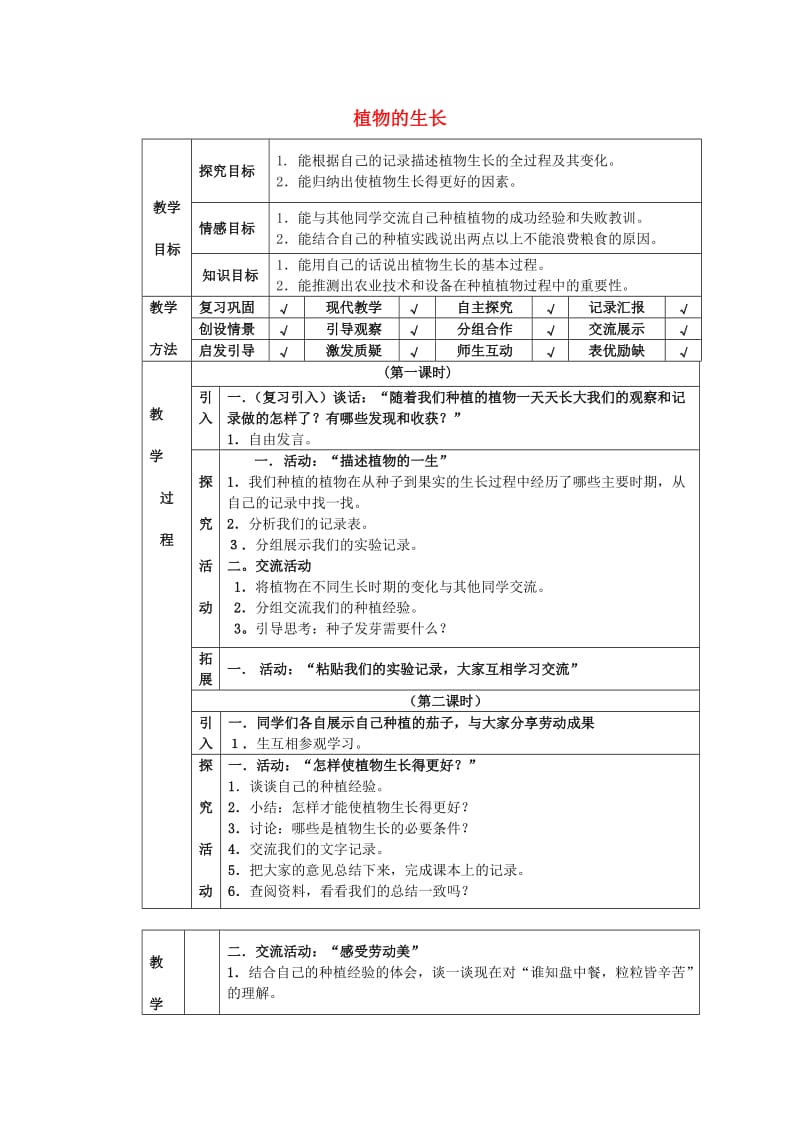 四年级科学下册 第4单元 12《植物的生长》教案 翼教版.doc_第1页