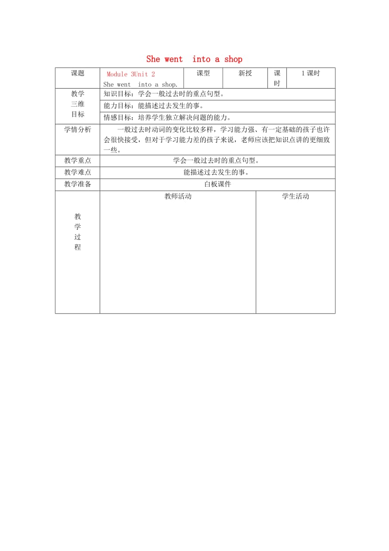 2019春四年级英语下册 Module 3 Unit 2《She went into a shop》教案 外研版.doc_第1页