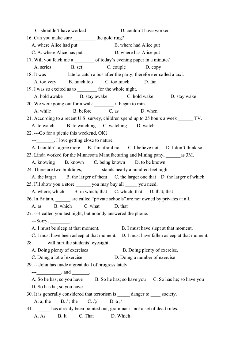 2019-2020年高一英语模块1（单元1-3）试卷.doc_第2页