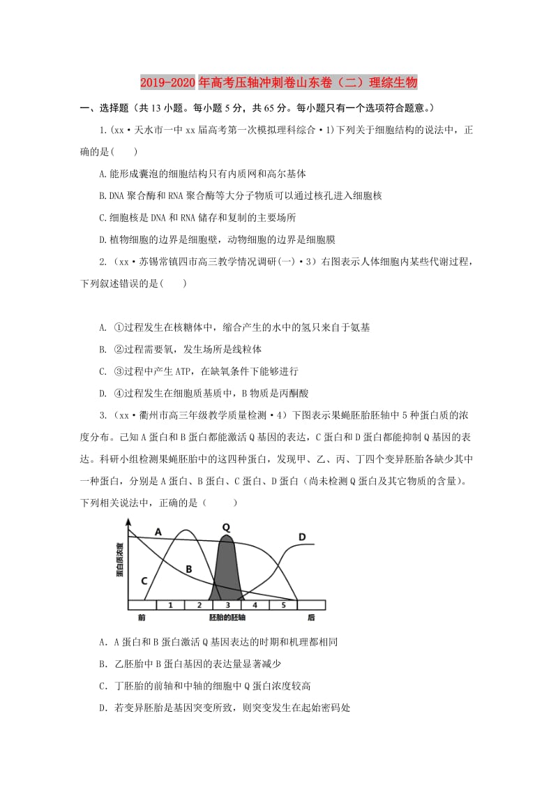 2019-2020年高考压轴冲刺卷山东卷（二）理综生物.doc_第1页