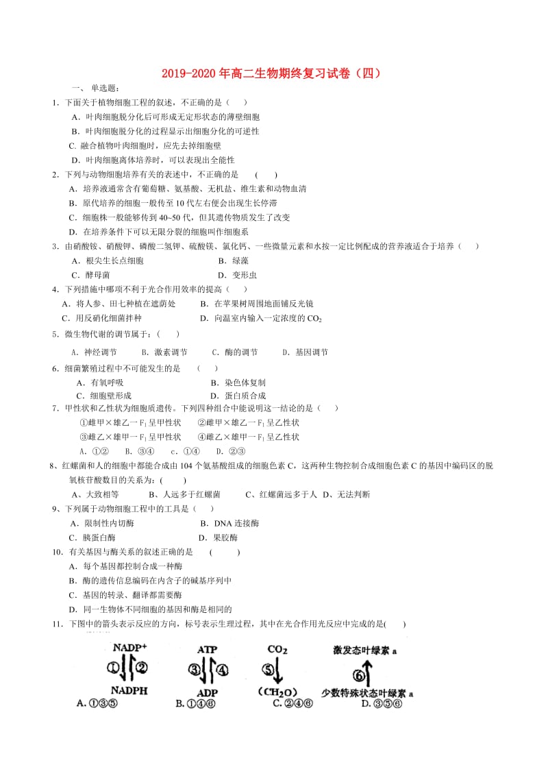 2019-2020年高二生物期终复习试卷（四）.doc_第1页