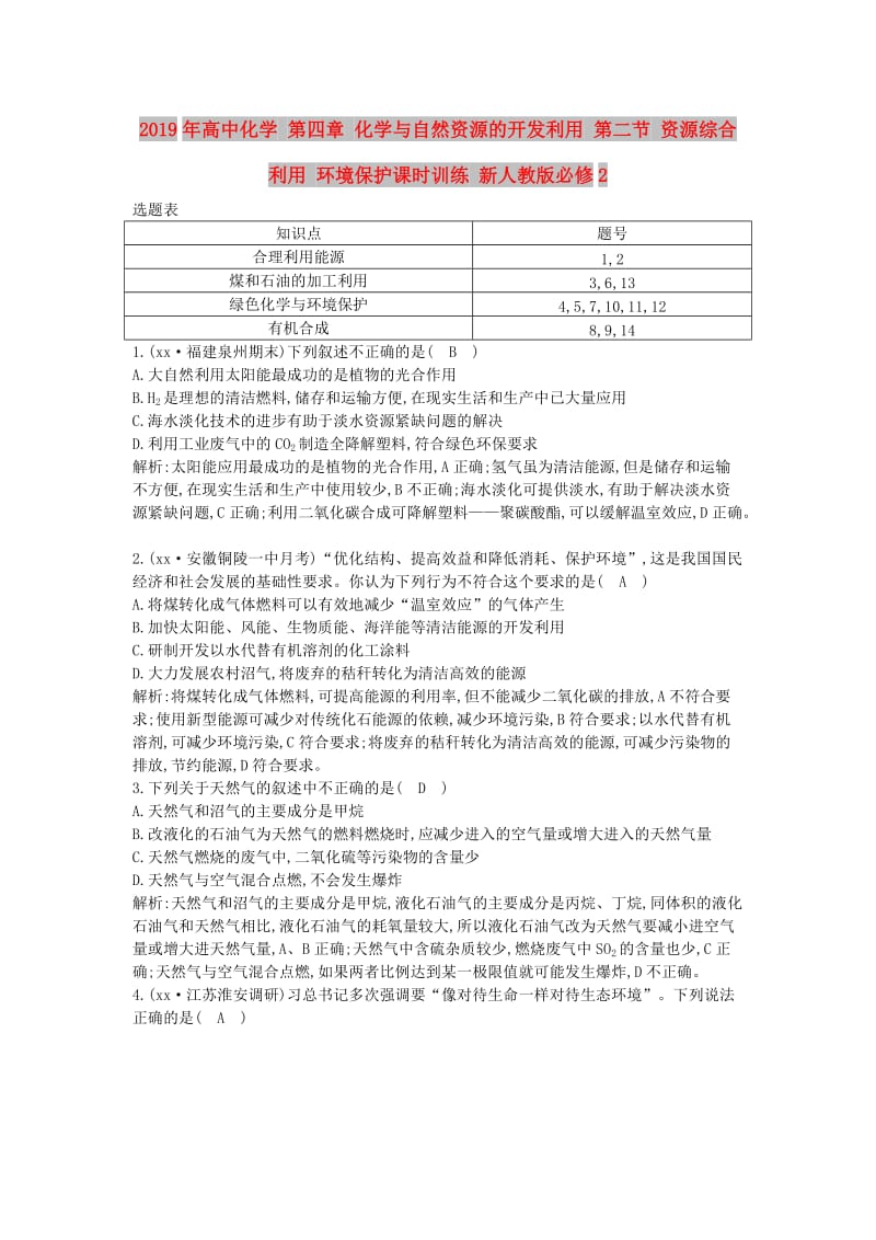 2019年高中化学 第四章 化学与自然资源的开发利用 第二节 资源综合利用 环境保护课时训练 新人教版必修2.doc_第1页