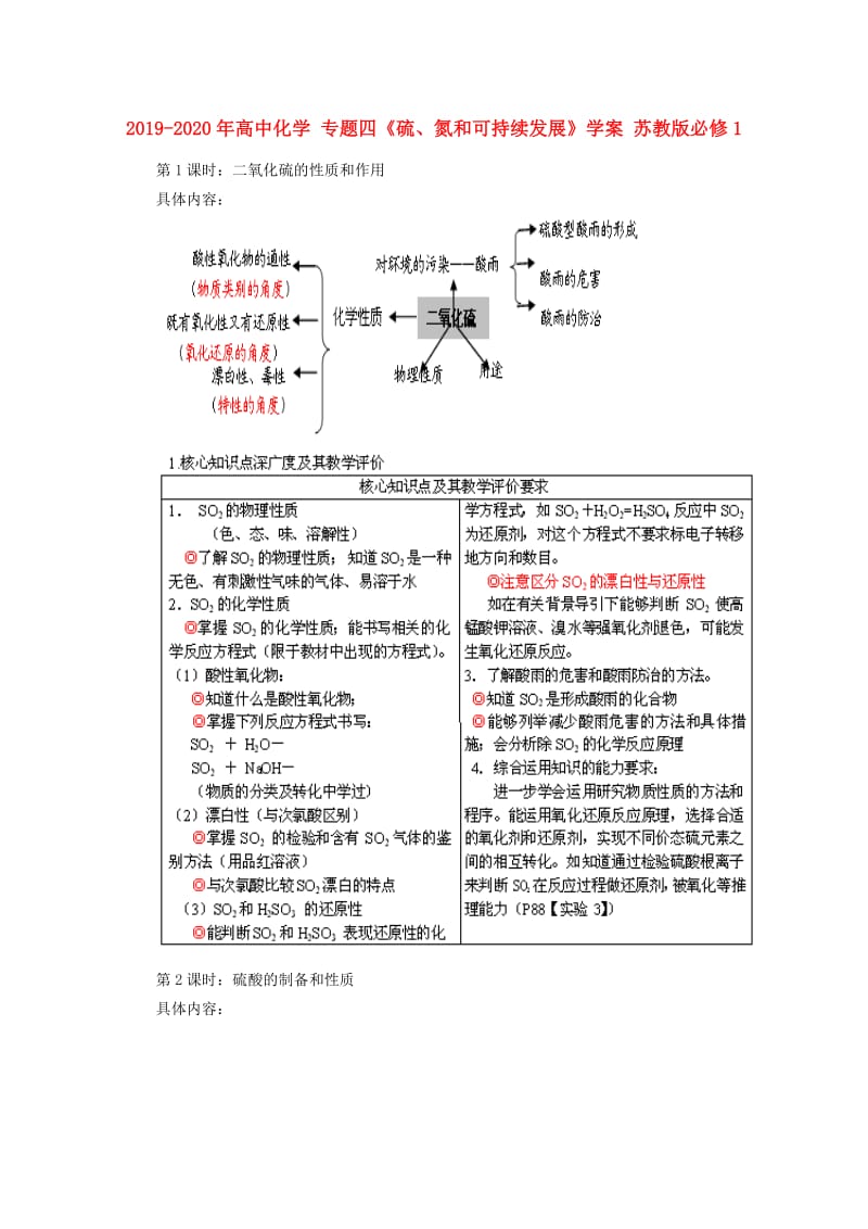 2019-2020年高中化学 专题四《硫、氮和可持续发展》学案 苏教版必修1.doc_第1页