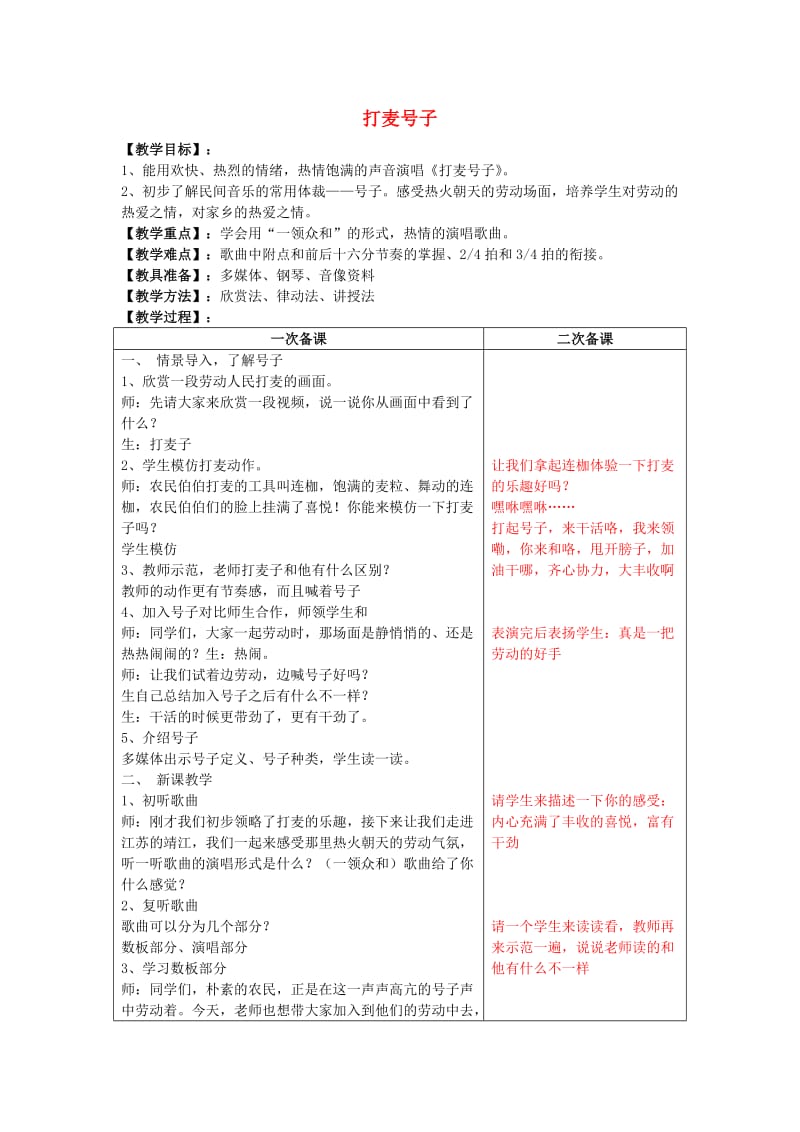 2019秋六年级音乐上册 第4课《打麦号子》教案 湘艺版.doc_第1页