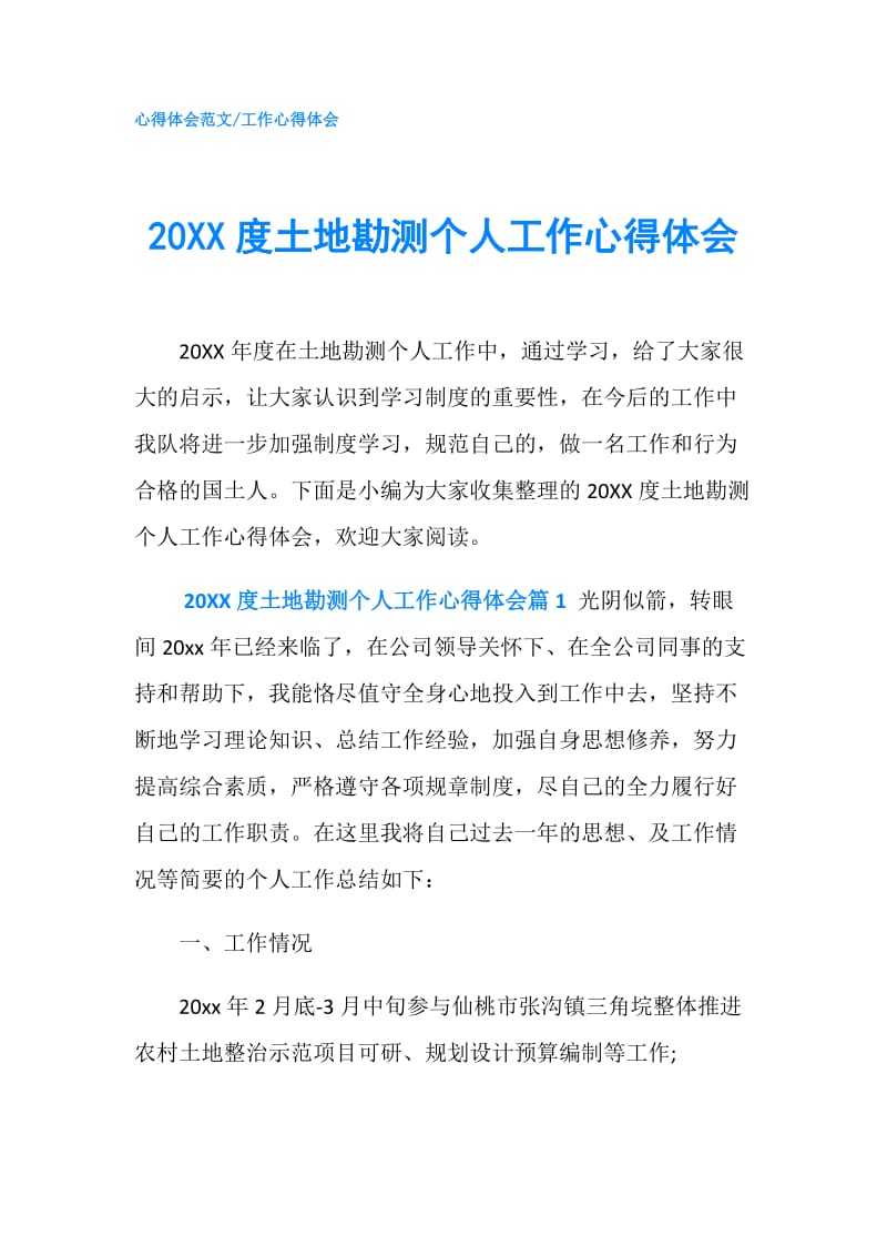 20XX度土地勘测个人工作心得体会.doc_第1页