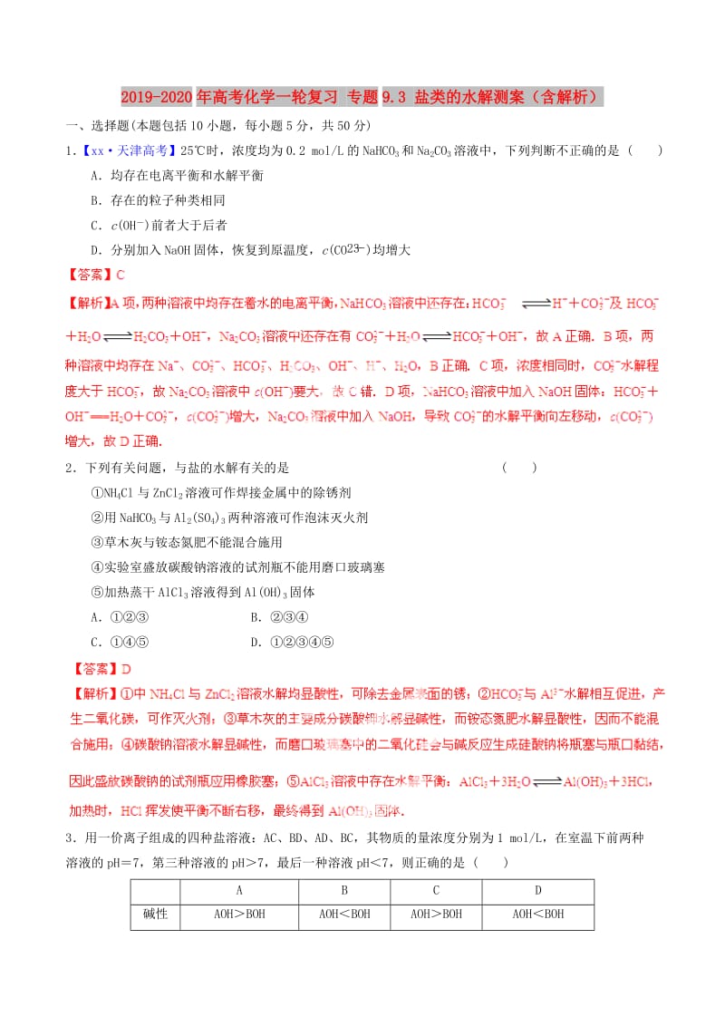 2019-2020年高考化学一轮复习 专题9.3 盐类的水解测案（含解析）.doc_第1页