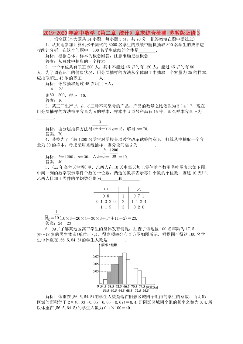 2019-2020年高中数学《第二章 统计》章末综合检测 苏教版必修3.doc_第1页