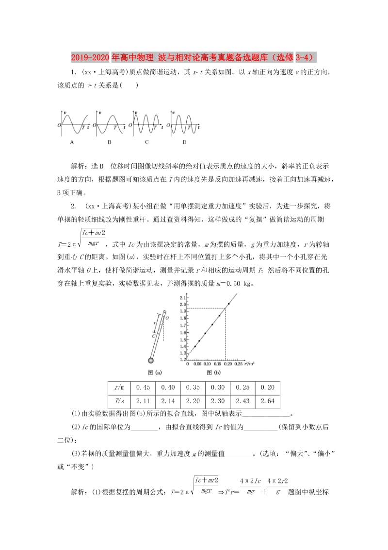 2019-2020年高中物理 波与相对论高考真题备选题库（选修3-4）.doc_第1页