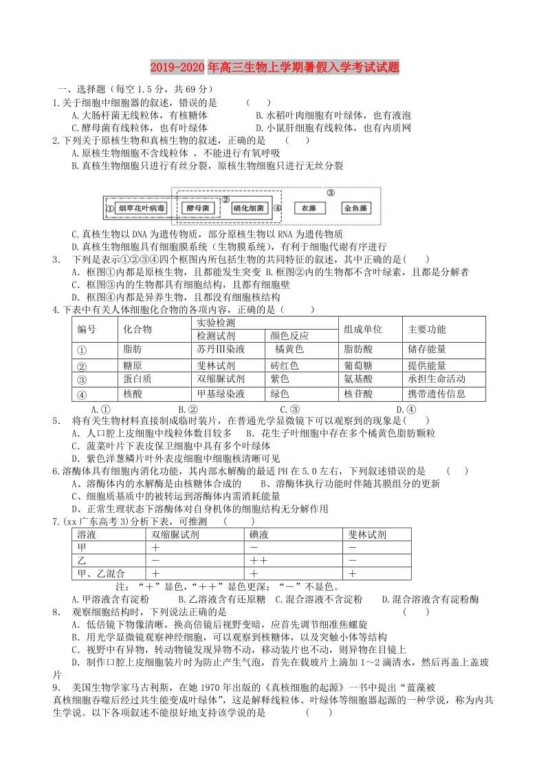 2019-2020年高三生物上学期暑假入学考试试题.doc_第1页