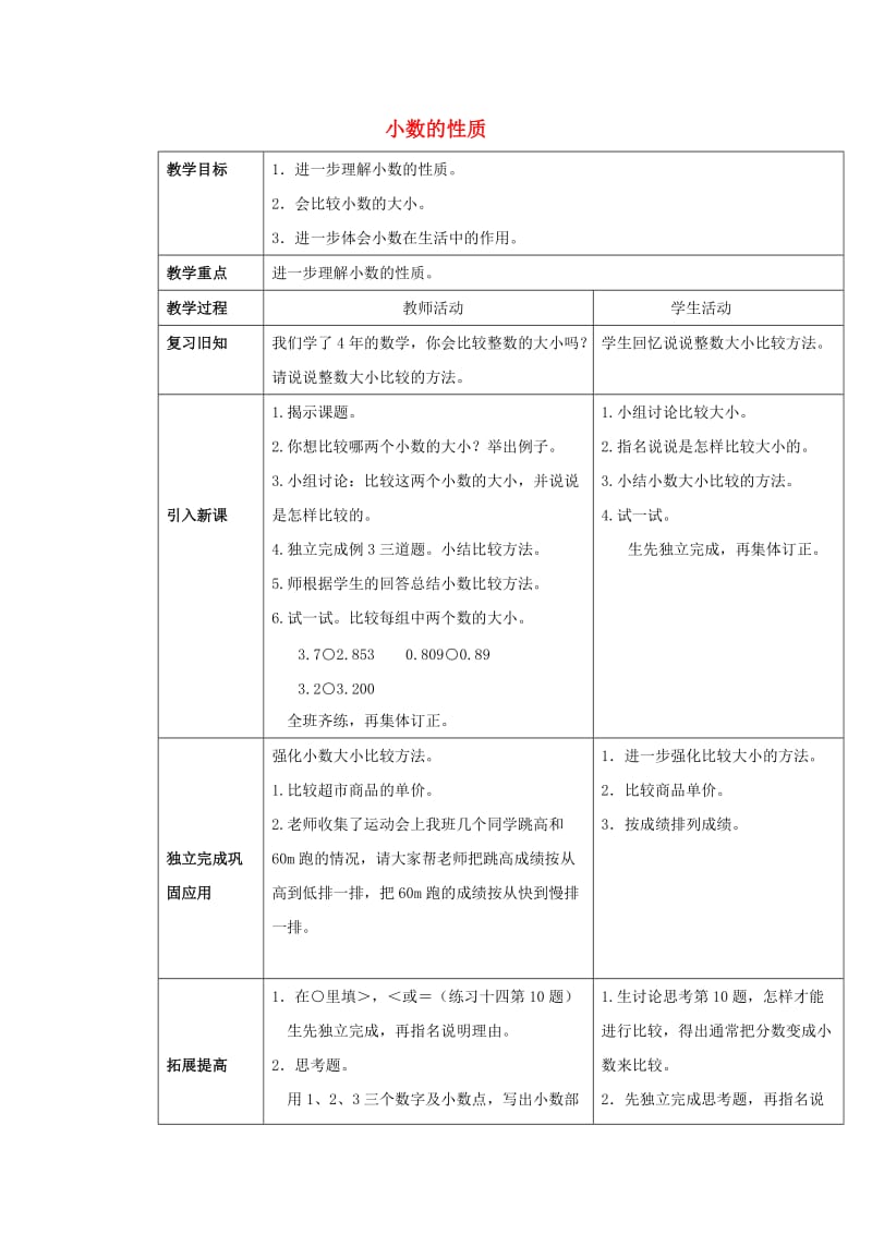 2019春四年级数学下册 5.2《小数的性质》教案7 （新版）西师大版.doc_第1页