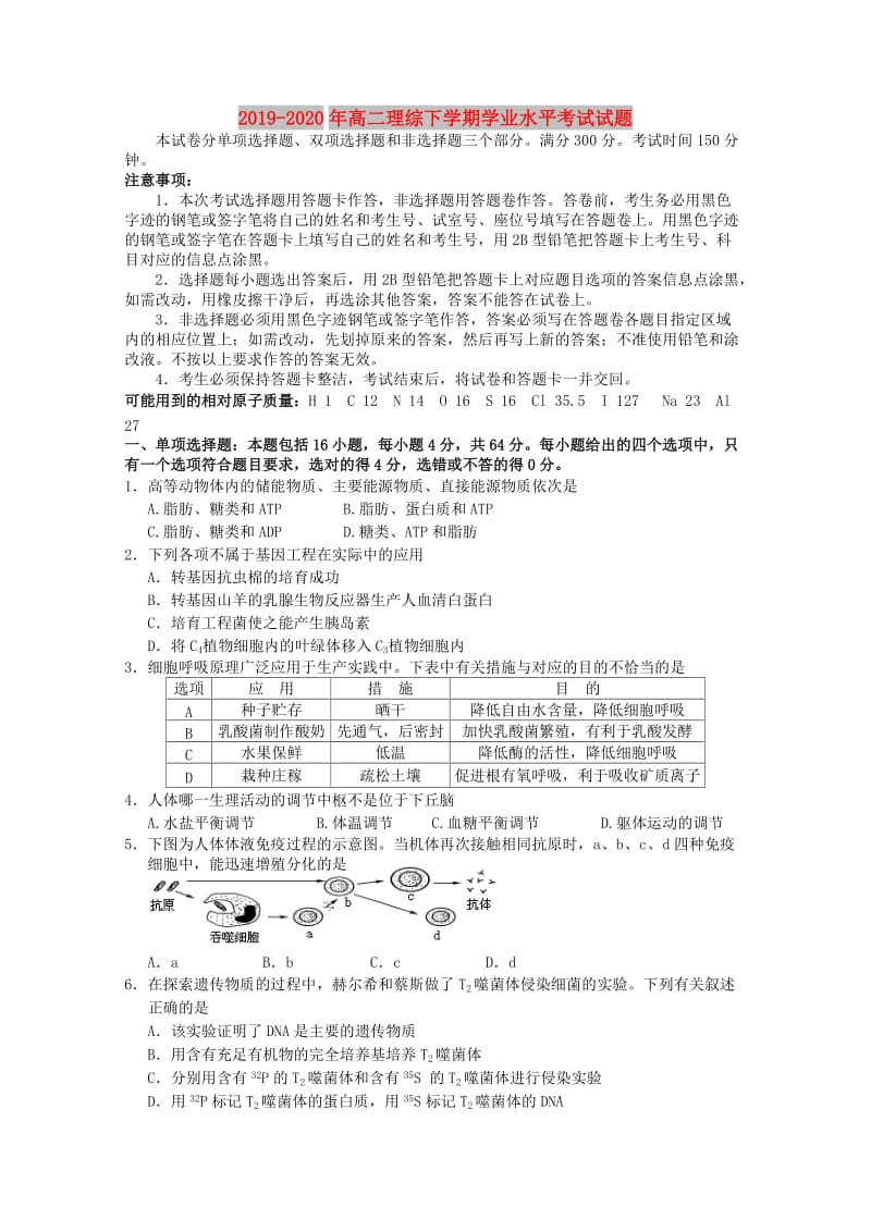 2019-2020年高二理综下学期学业水平考试试题.doc_第1页