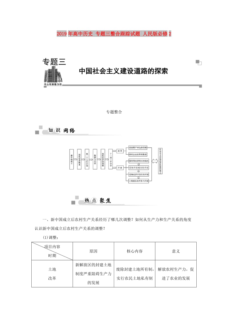 2019年高中历史 专题三整合跟踪试题 人民版必修2.doc_第1页