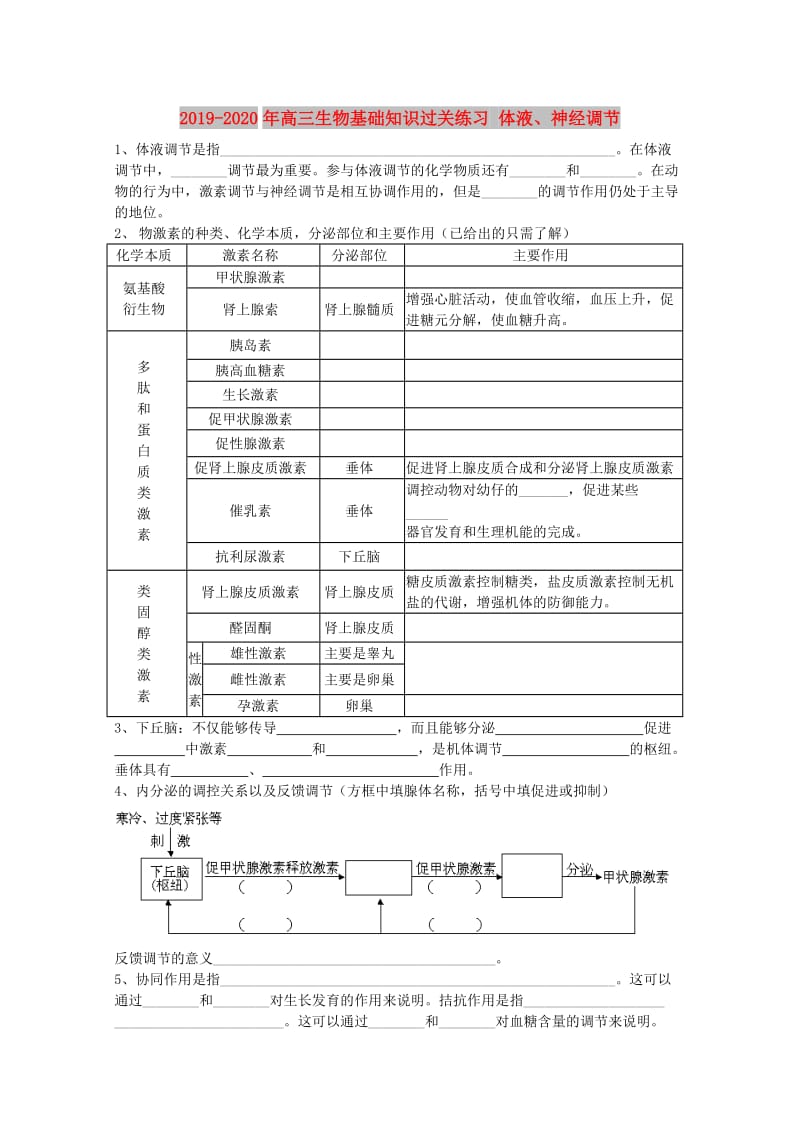 2019-2020年高三生物基础知识过关练习 体液、神经调节.doc_第1页