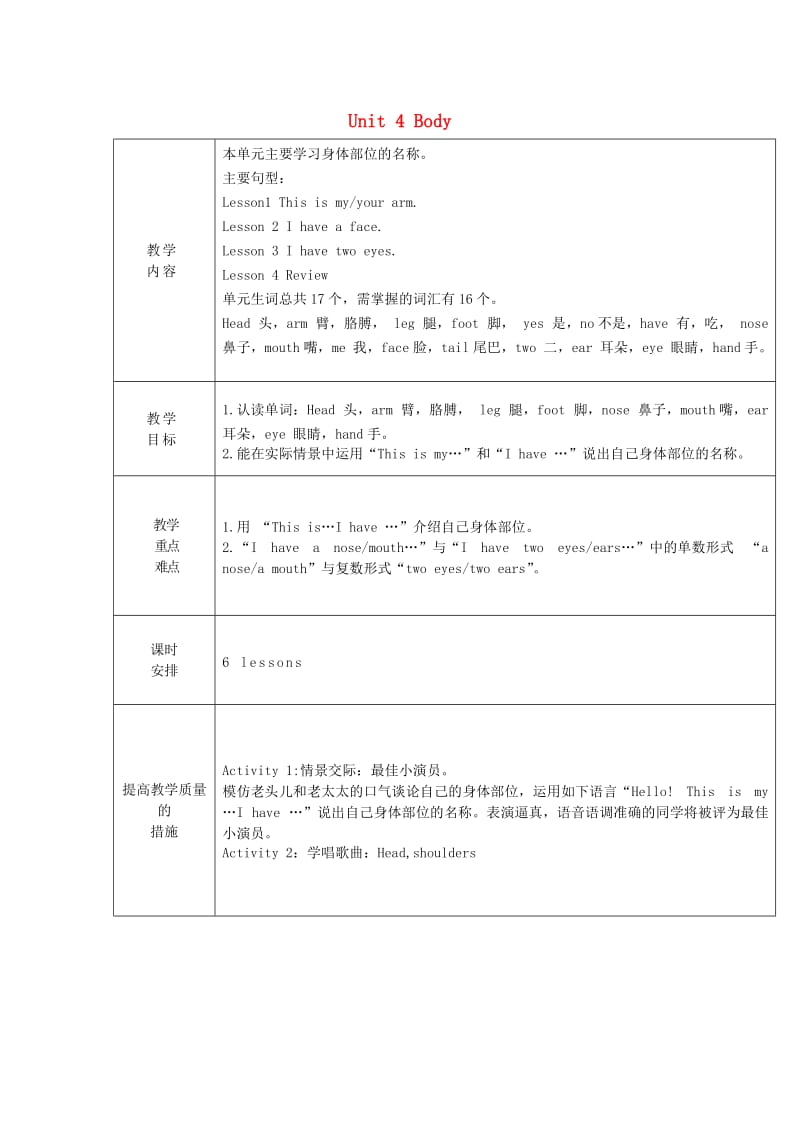 三年级英语上册 Unit 4 Body教案1 鲁科版.doc_第1页