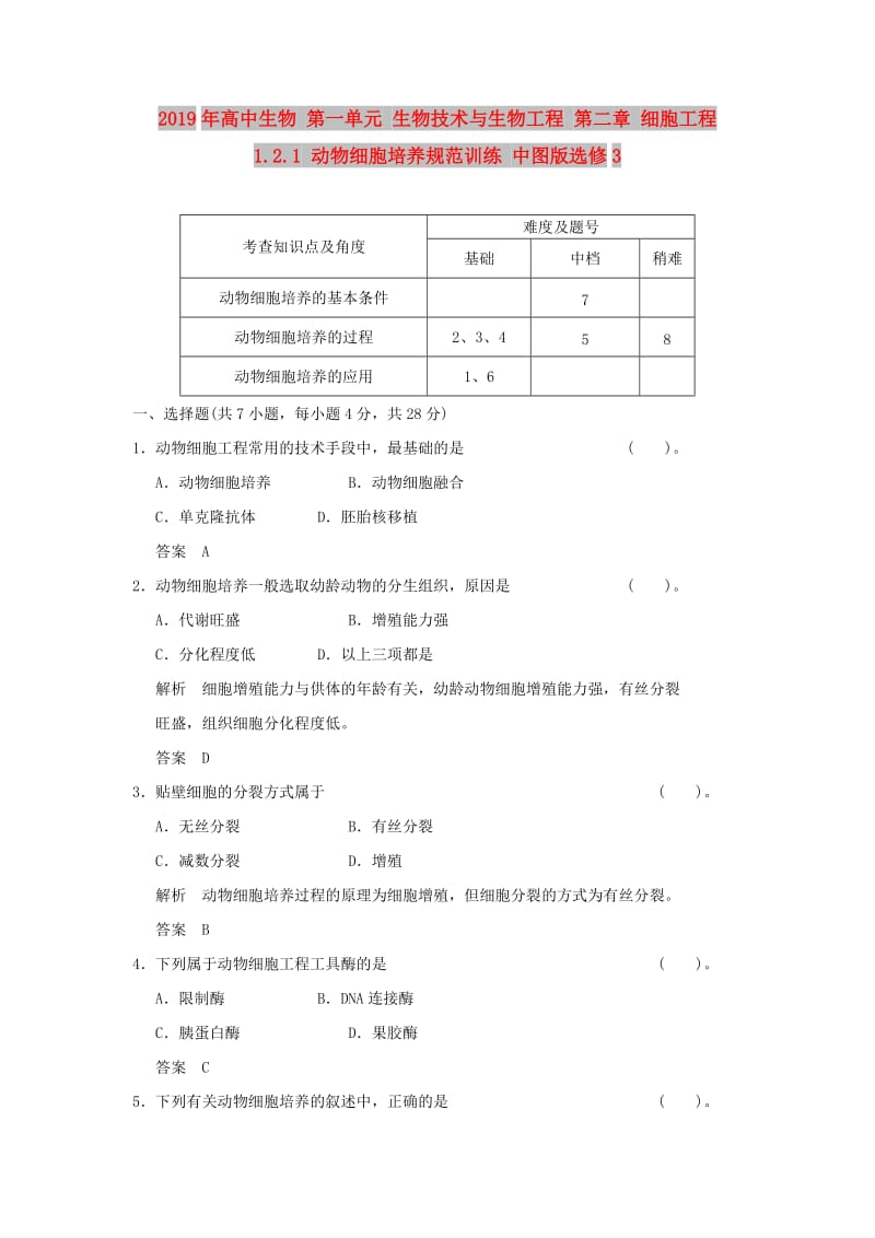 2019年高中生物 第一单元 生物技术与生物工程 第二章 细胞工程 1.2.1 动物细胞培养规范训练 中图版选修3.doc_第1页