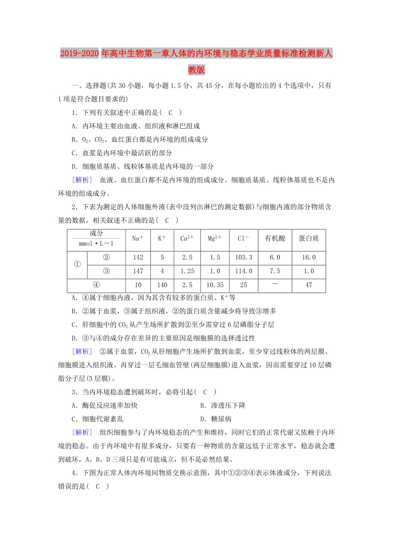 2019-2020年高中生物第一章人体的内环境与稳态学业质量标准检测新人教版.doc_第1页