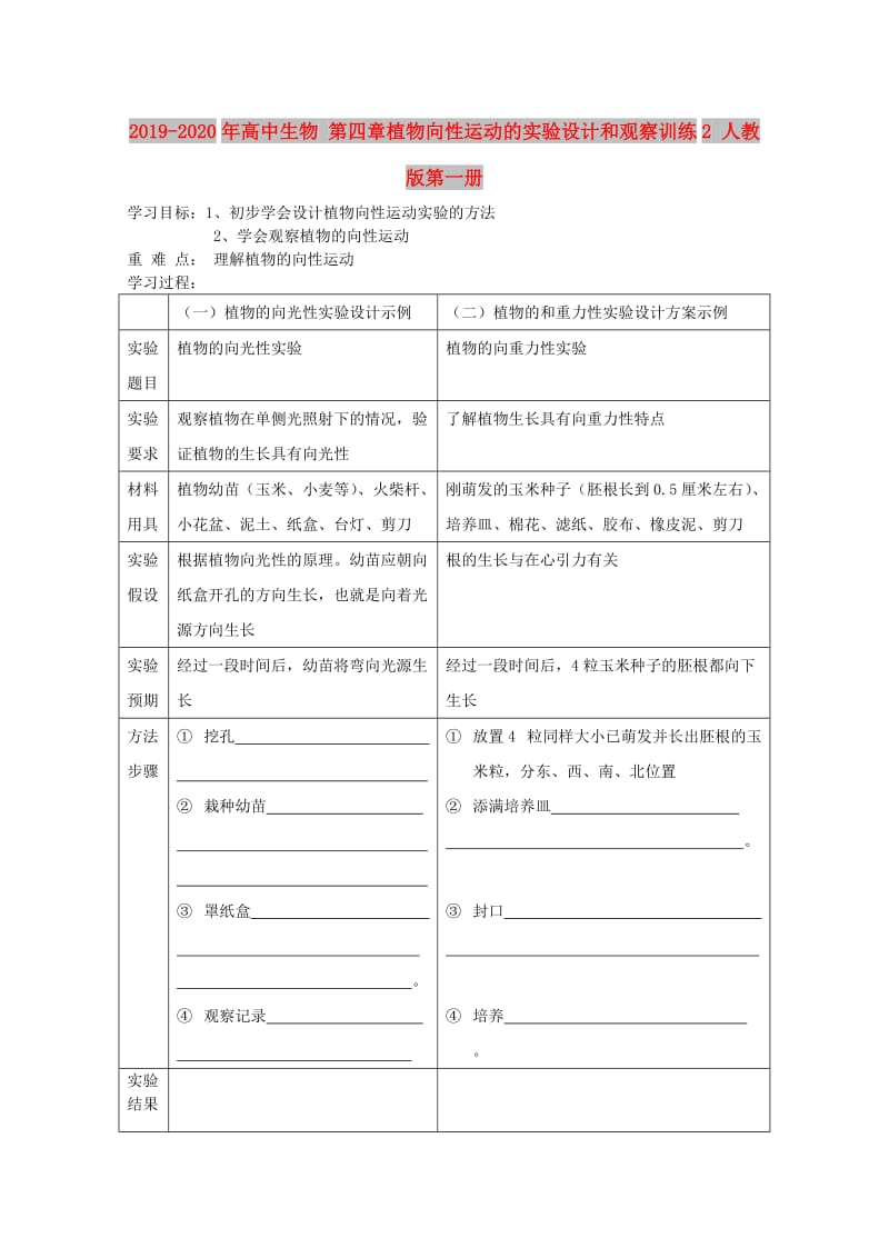 2019-2020年高中生物 第四章植物向性运动的实验设计和观察训练2 人教版第一册.doc_第1页