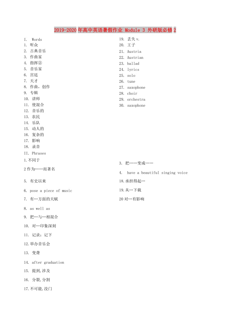 2019-2020年高中英语暑假作业 Module 3 外研版必修2.doc_第1页