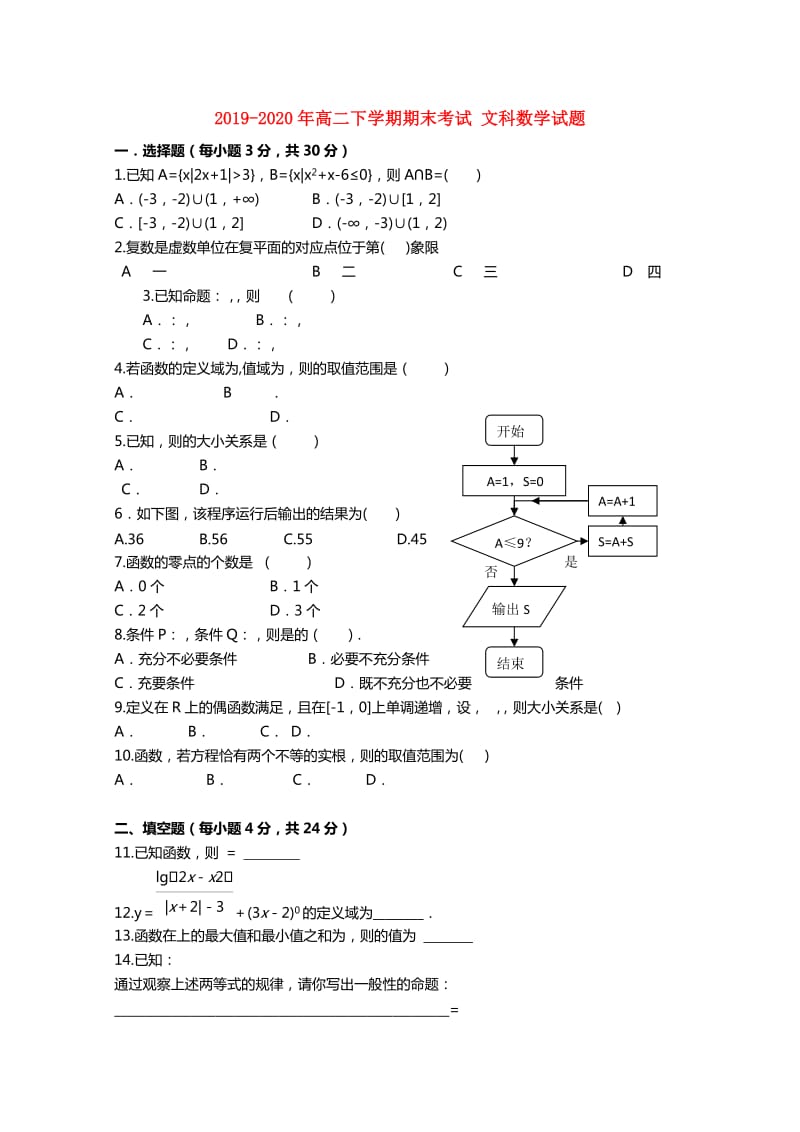 2019-2020年高二下学期期末考试 文科数学试题.doc_第1页