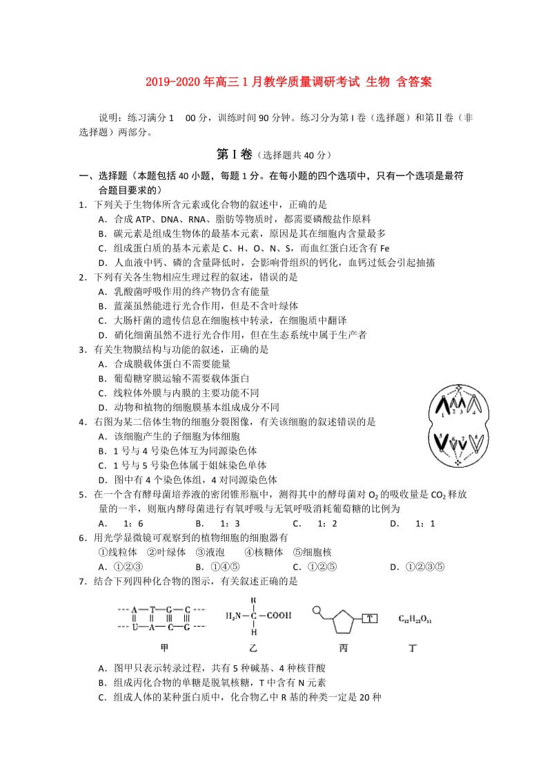 2019-2020年高三1月教学质量调研考试 生物 含答案.doc_第1页