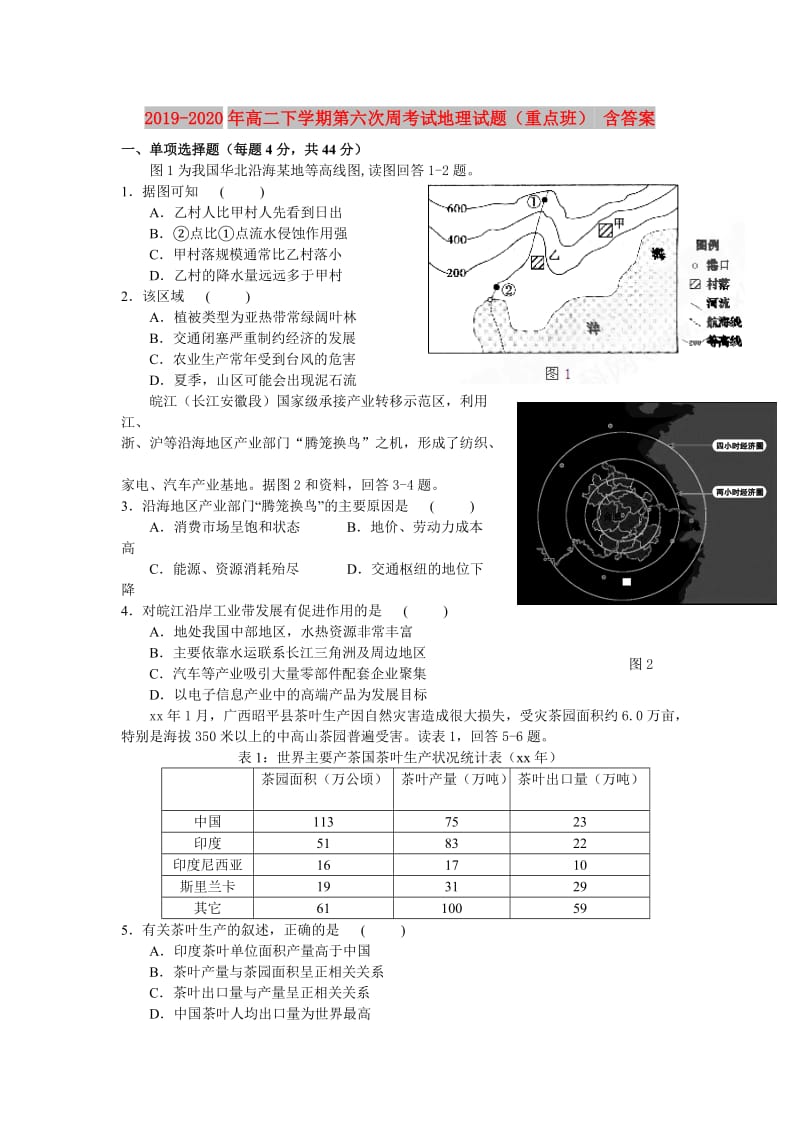 2019-2020年高二下学期第六次周考试地理试题（重点班） 含答案.doc_第1页