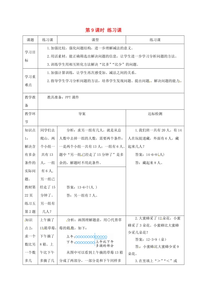 一年级数学下册第2单元20以内的退位减法练习课导学案新人教版.doc_第1页