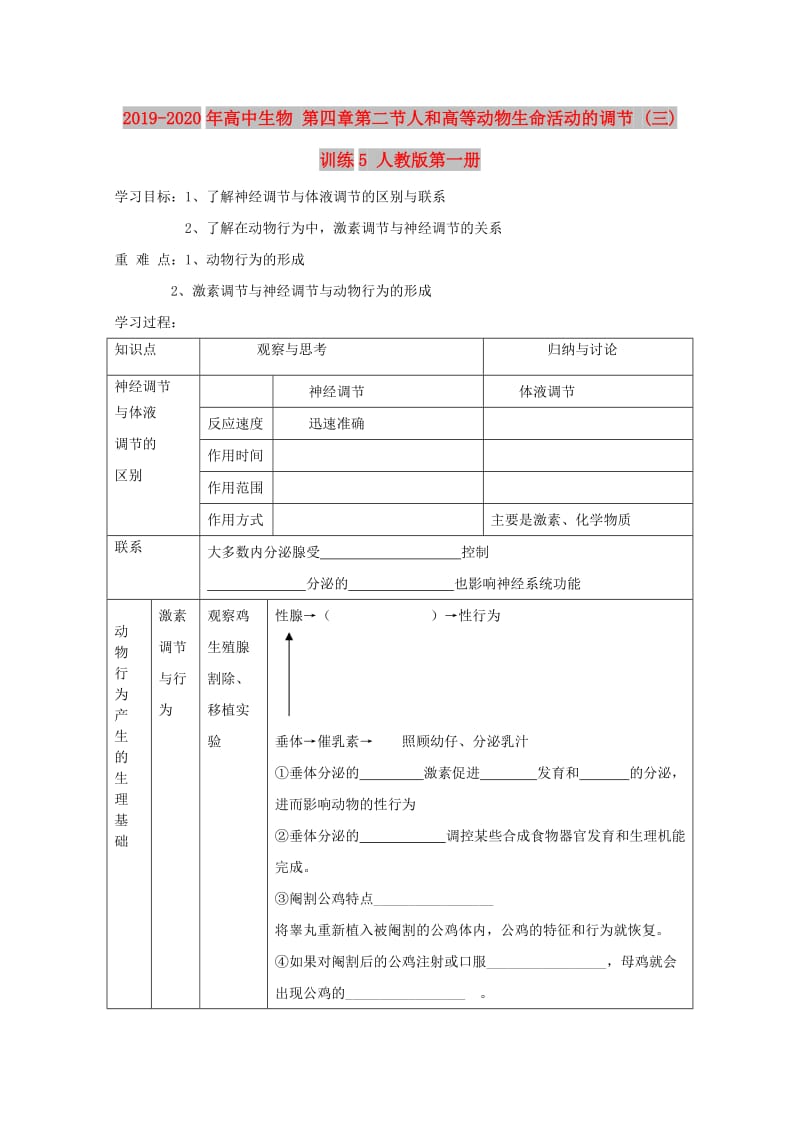 2019-2020年高中生物 第四章第二节人和高等动物生命活动的调节 (三)训练5 人教版第一册.doc_第1页