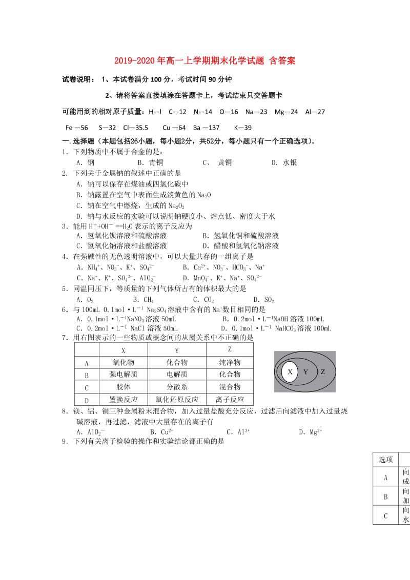 2019-2020年高一上学期期末化学试题 含答案.doc_第1页