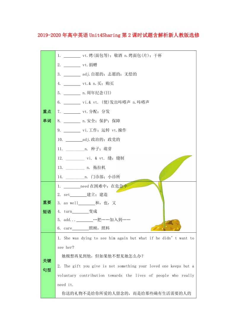 2019-2020年高中英语Unit4Sharing第2课时试题含解析新人教版选修.doc_第1页